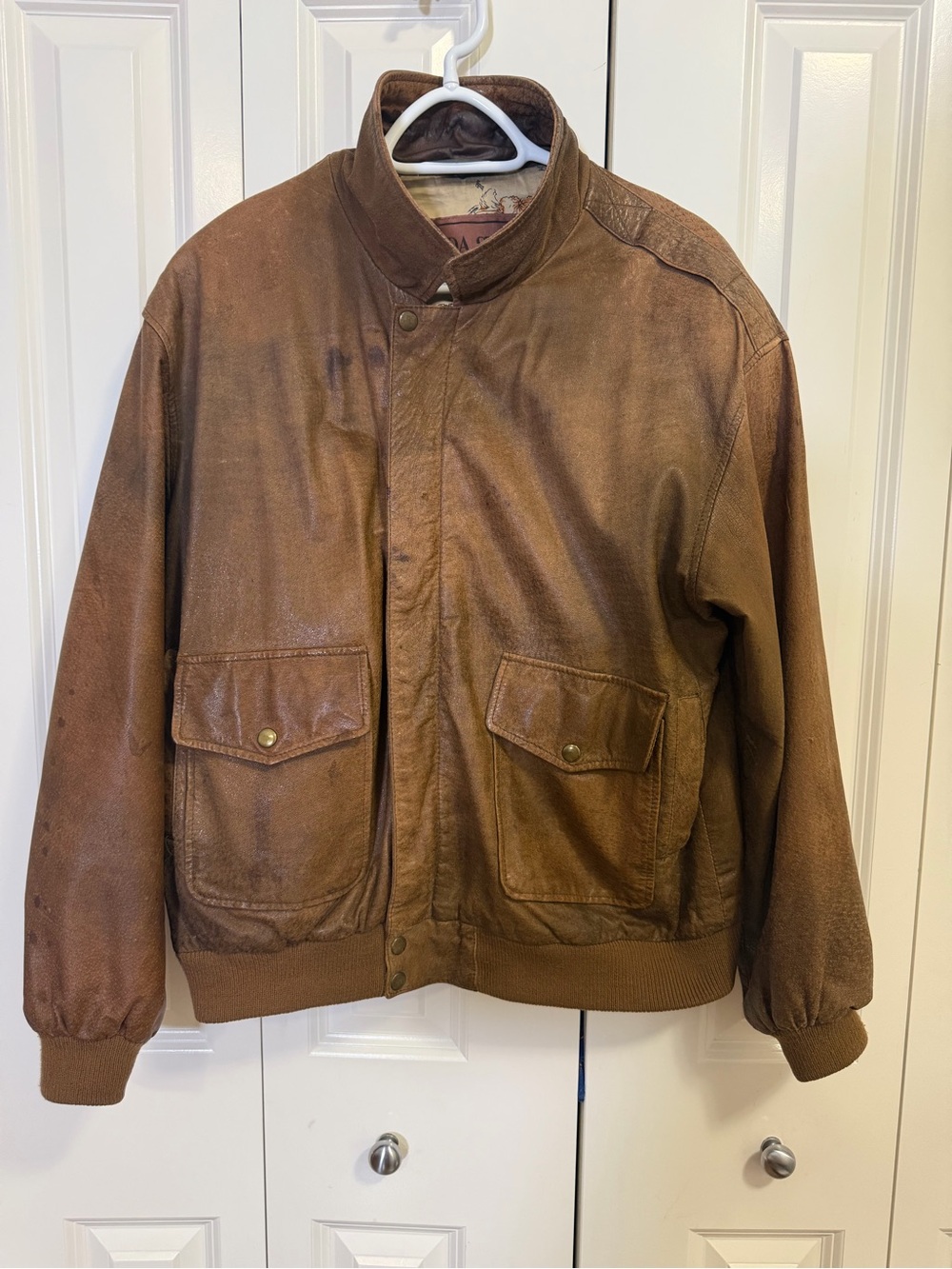 Moda Strada 100% Leather Brown Bomber Jacket Vintage Distressed Map Lining